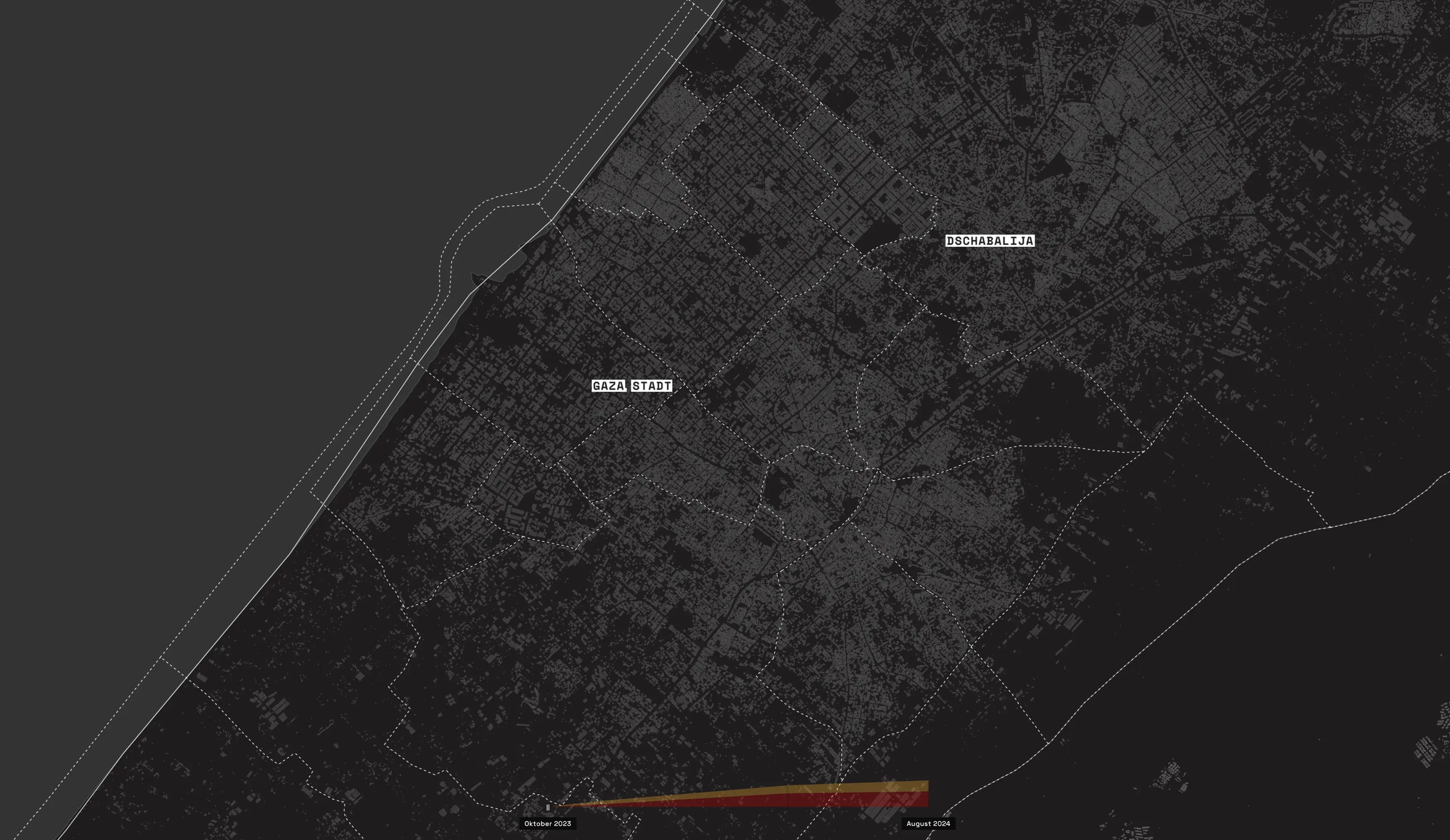 Satellitenbildanalyse der Gebäudezerstörung im Gaza-Streifen im Oktober 2023 mit farblicher Markierung der betroffenen Gebiete