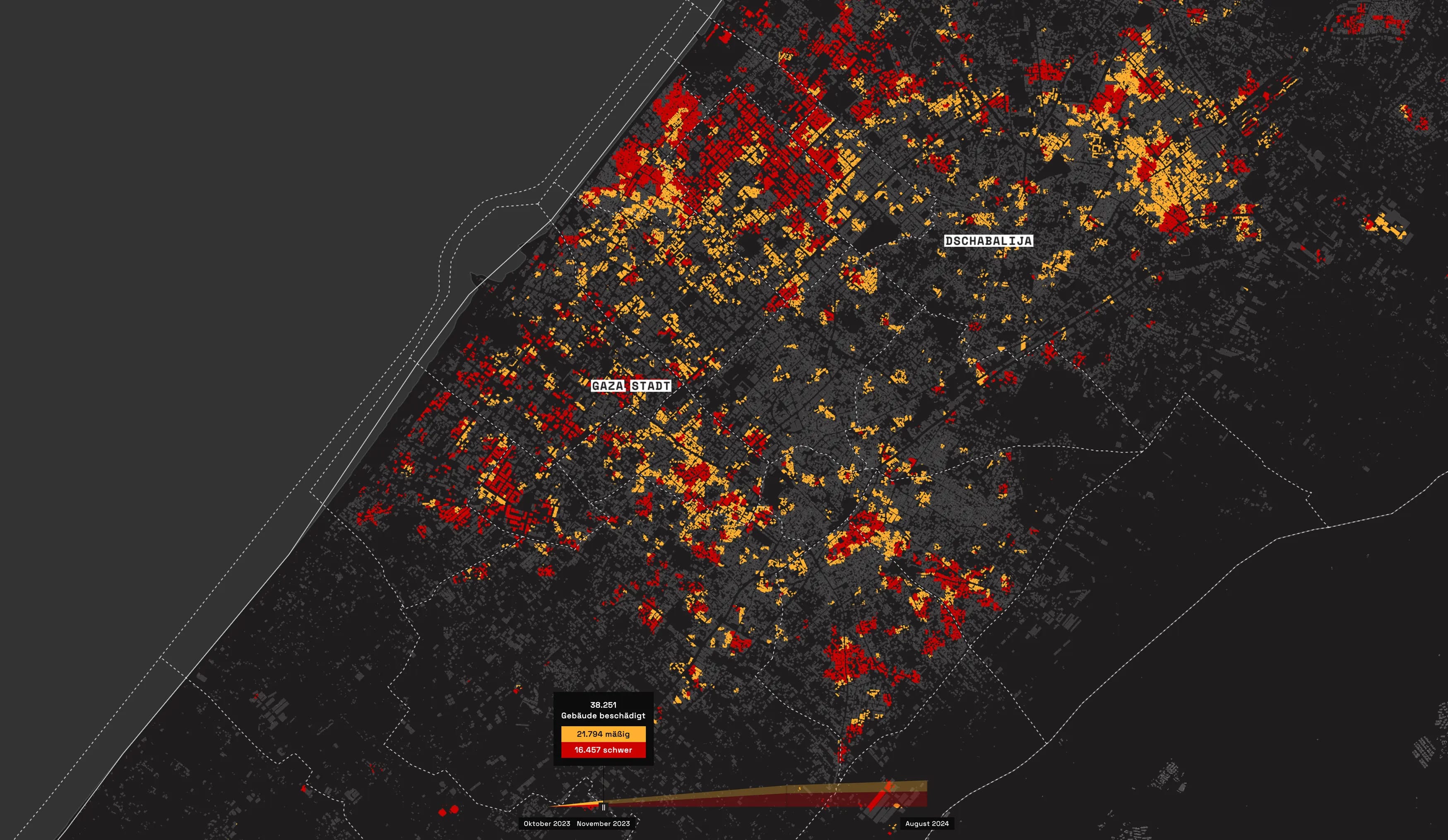 Satellitenbildanalyse der zunehmenden Gebäudezerstörung im Gaza-Streifen im November 2023 mit aktualisierter farblicher Markierung