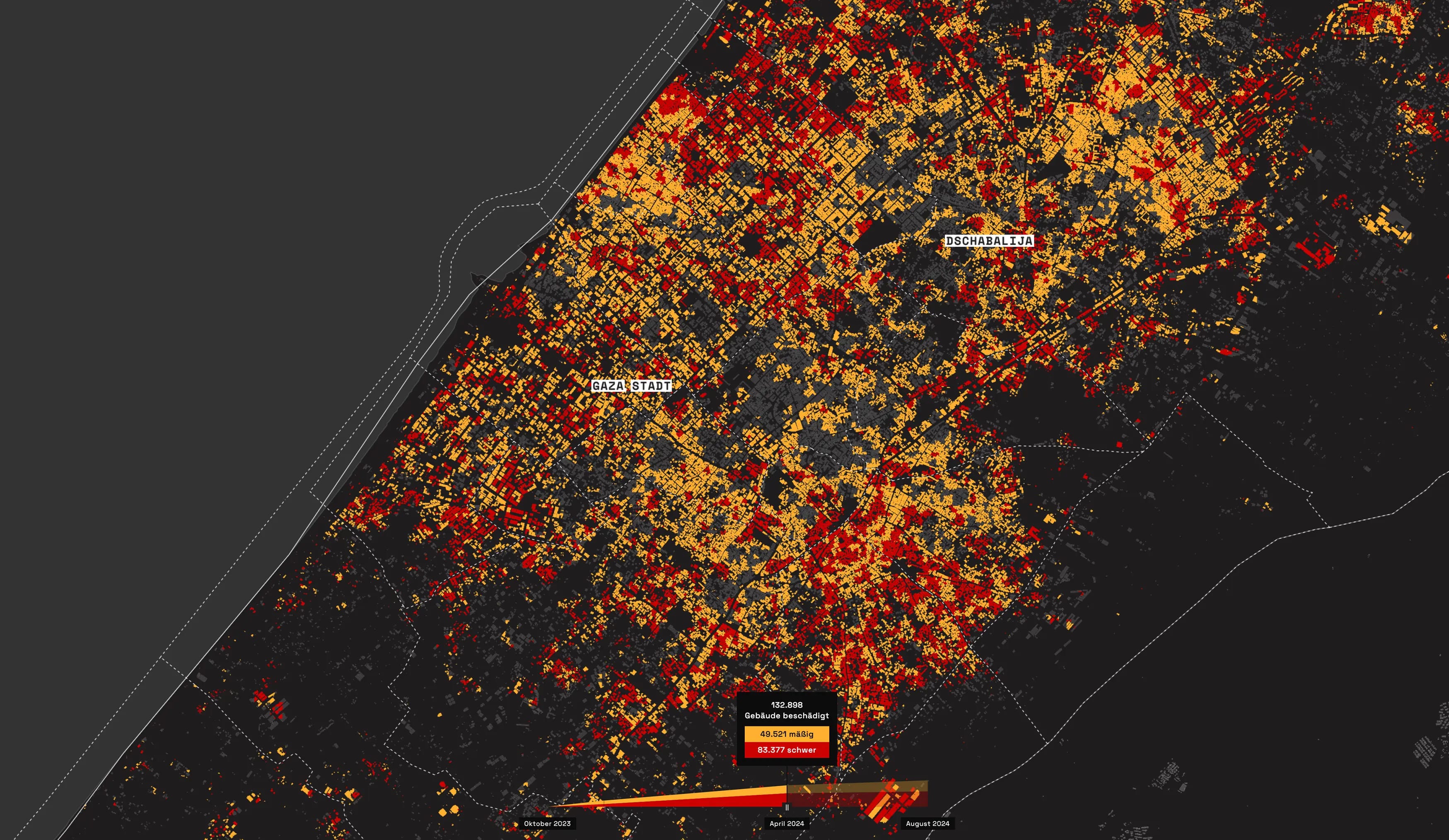 Satellitenbildanalyse der fortschreitenden Gebäudezerstörung im Gaza-Streifen im April 2024 mit deutlich erweiterten betroffenen Gebieten