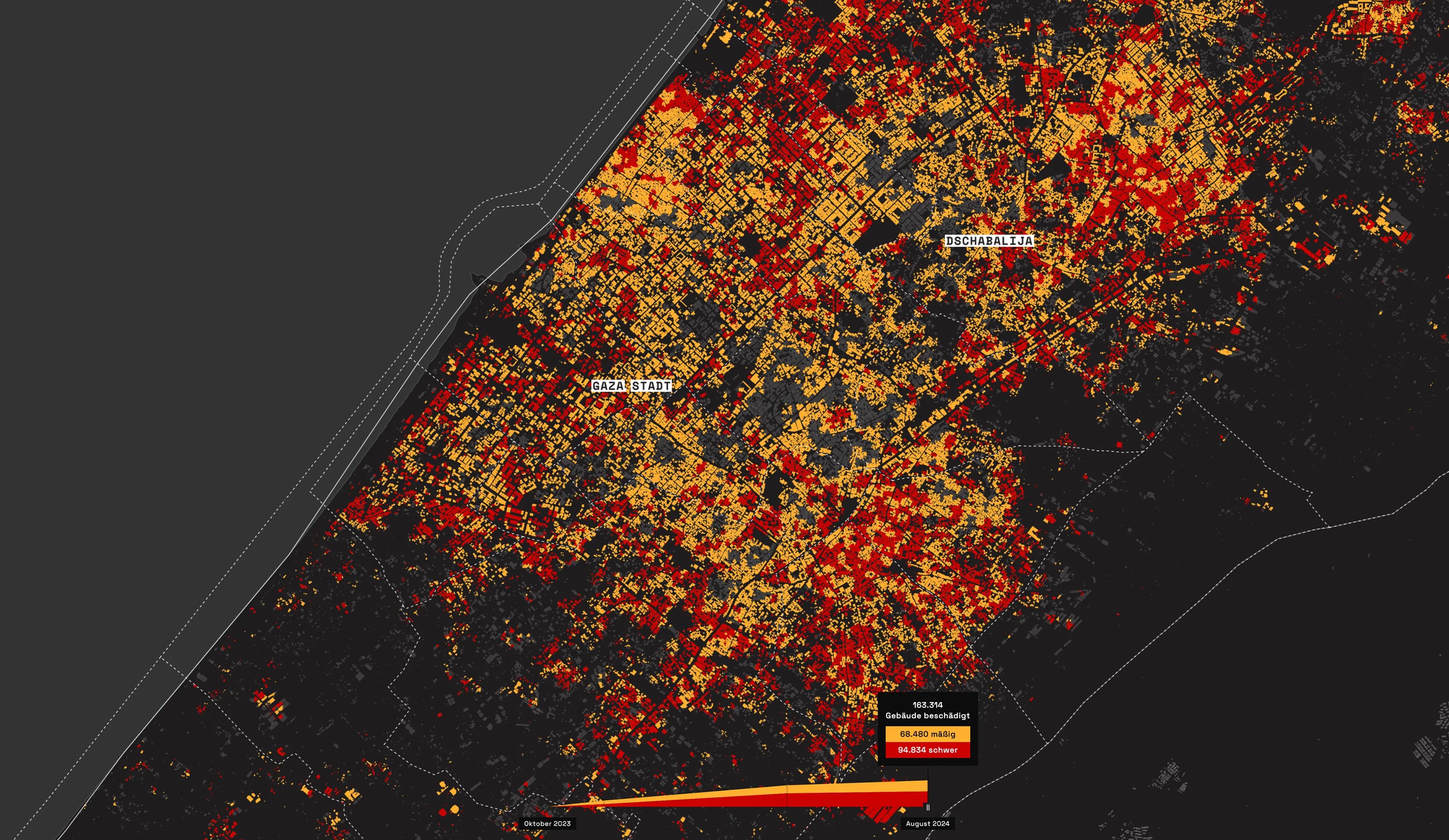 Satellitenbildanalyse der umfassenden Gebäudezerstörung im Gaza-Streifen im August 2024 mit Visualisierung des gesamten Ausmaßes der Schäden