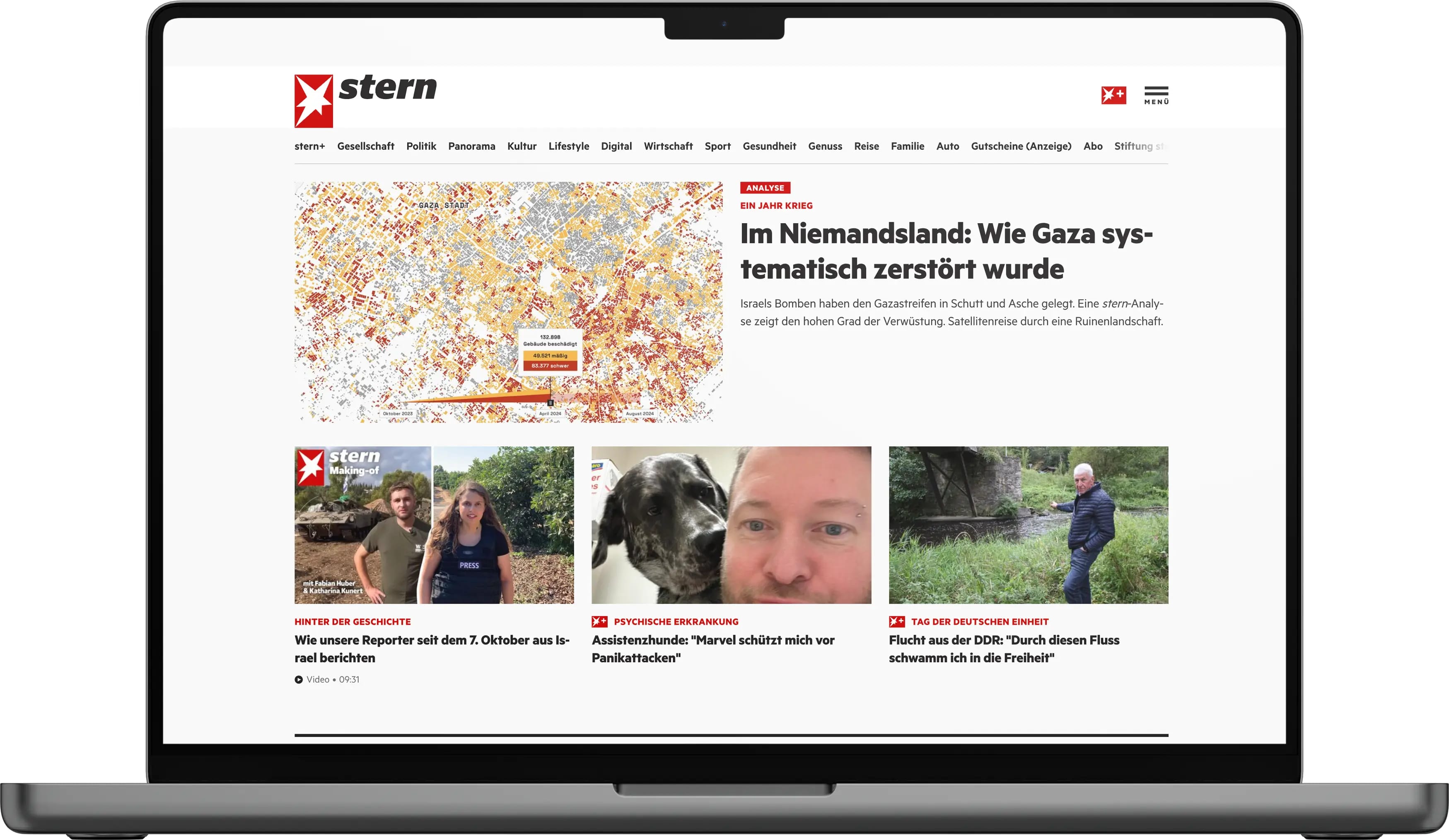 Titelgeschichte des STERN Magazins mit der Visualisierung der Zerstörung im Gaza-Streifen und Layout der Berichterstattung