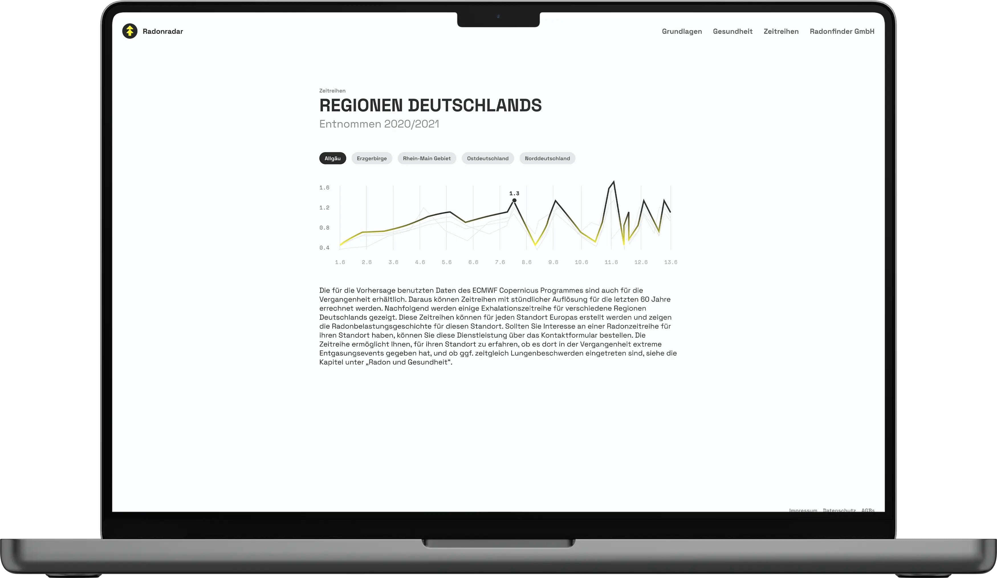 Unterseite des Radonradars mit detaillierten Informationen zu Radon-Risiken, Präventionsmaßnahmen und vertiefenden Erklärungen zum Gesundheitsschutz